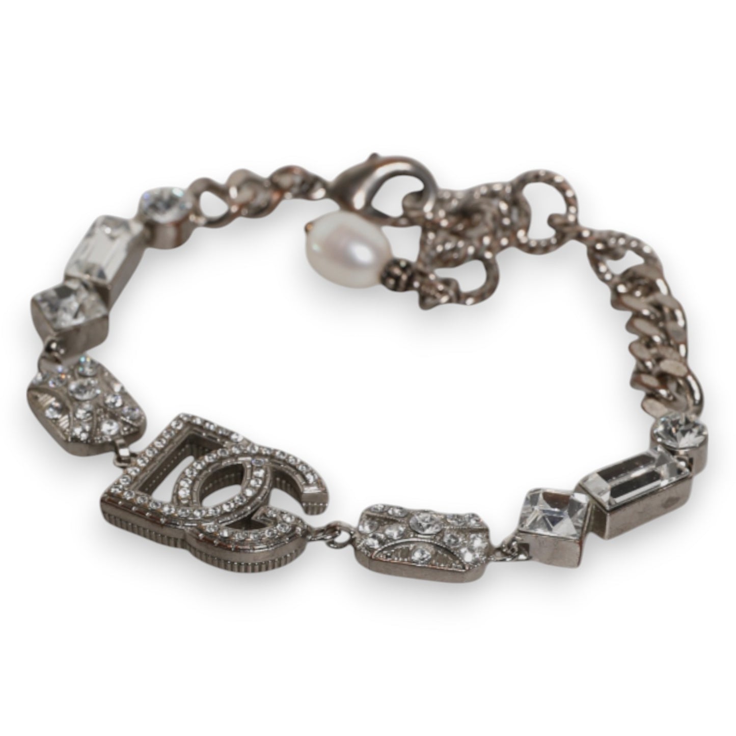 Dolce & Gabbana Silber Messing Kristall DG Logo Charm verschönert Armband