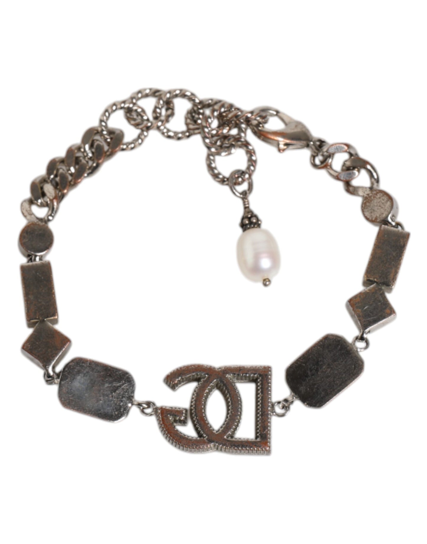 Dolce & Gabbana Silber Messing Kristall DG Logo Charm verschönert Armband