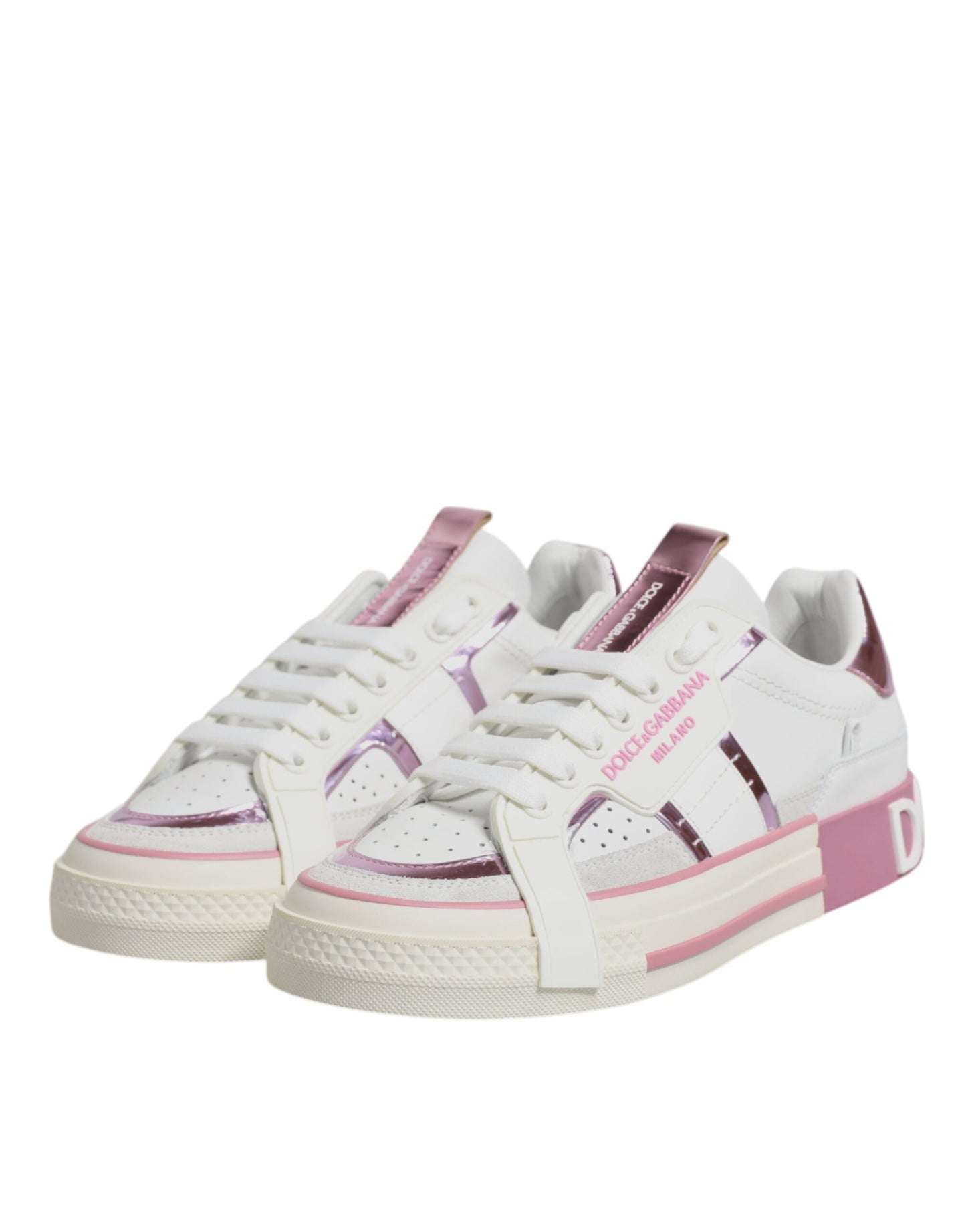 Dolce & Gabbana Weiß Rosa Leder Low Top Turnschuhe Schuhe