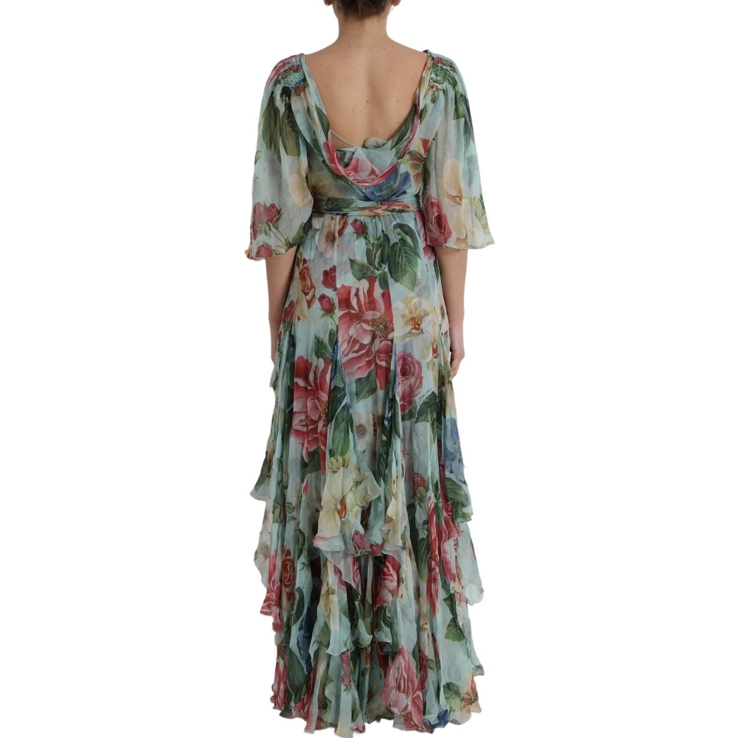 Dolce & Gabbana Blaues gestuftes Maxikleid mit Blumendruck