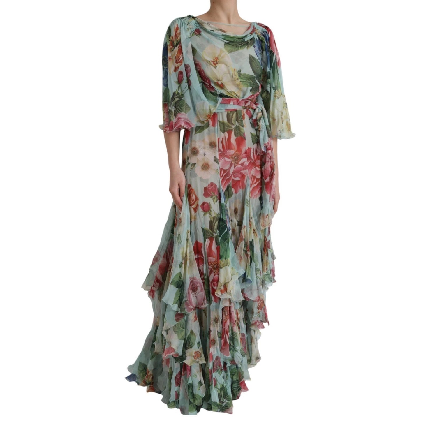 Dolce & Gabbana Blaues gestuftes Maxikleid mit Blumendruck
