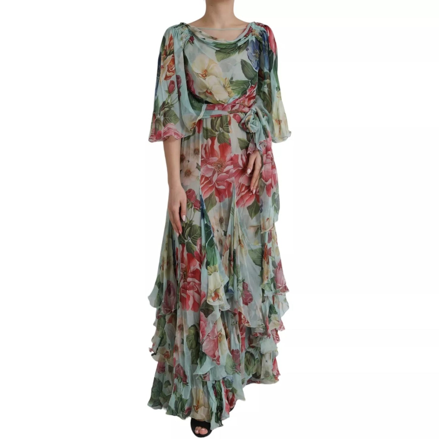 Dolce & Gabbana Blaues gestuftes Maxikleid mit Blumendruck