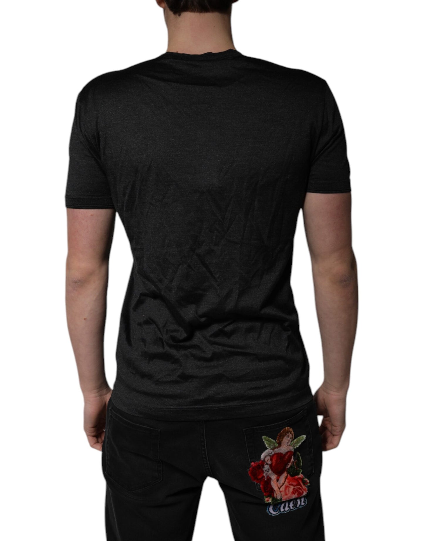 Dolce & Gabbana Dunkelgraues Seiden-T-Shirt mit V-Ausschnitt und kurzen Ärmeln