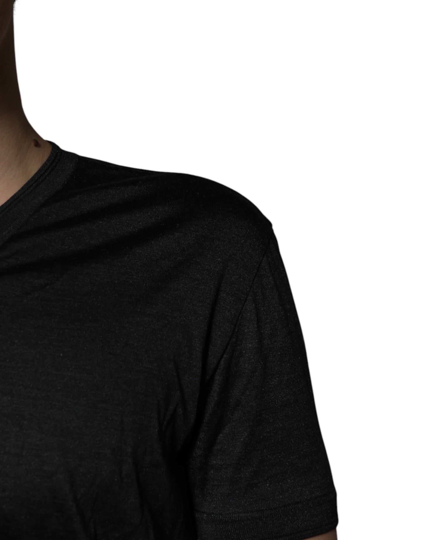 Dolce & Gabbana Dunkelgraues Seiden-T-Shirt mit V-Ausschnitt und kurzen Ärmeln