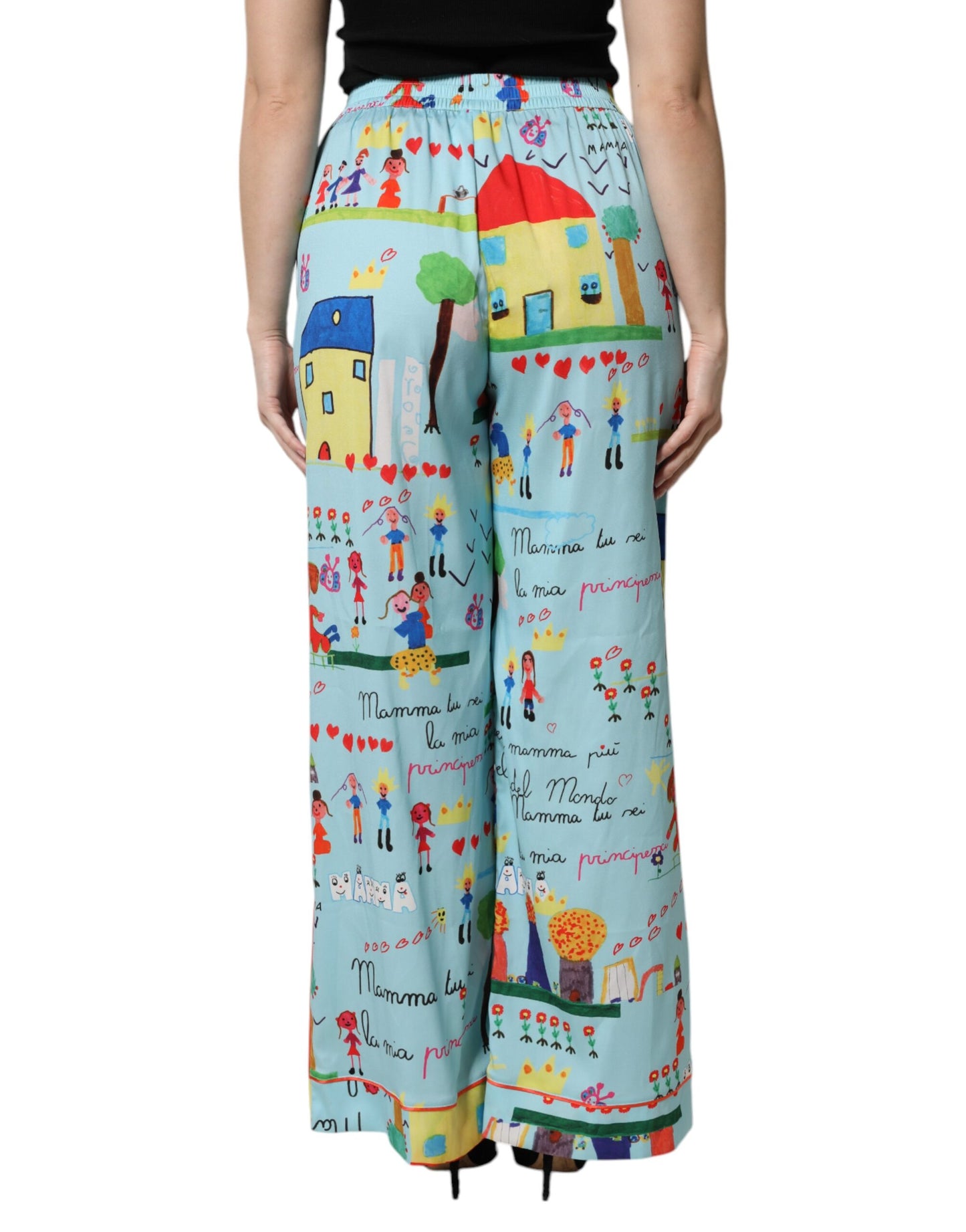 Dolce & Gabbana Hellblaue Zeichnung Mid Waist Wide Leg Pants