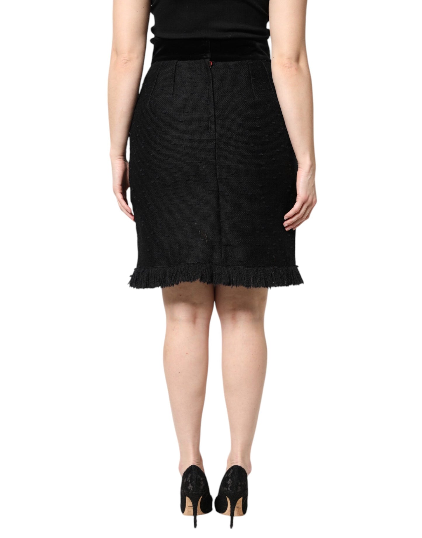Dolce & Gabbana Schwarzer Bleistiftminirock mit hoher Taille und Fransen aus Wolle