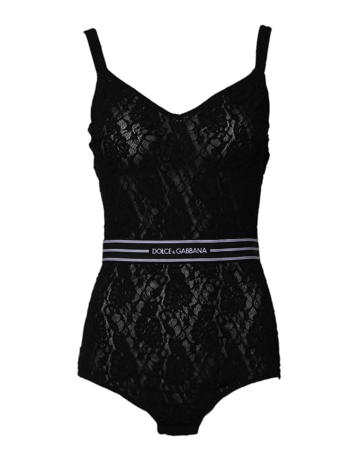 Dolce & Gabbana Schwarzer Spitzen-Bodysuit mit Gummizug und Markenzeichen Unterwäsche
