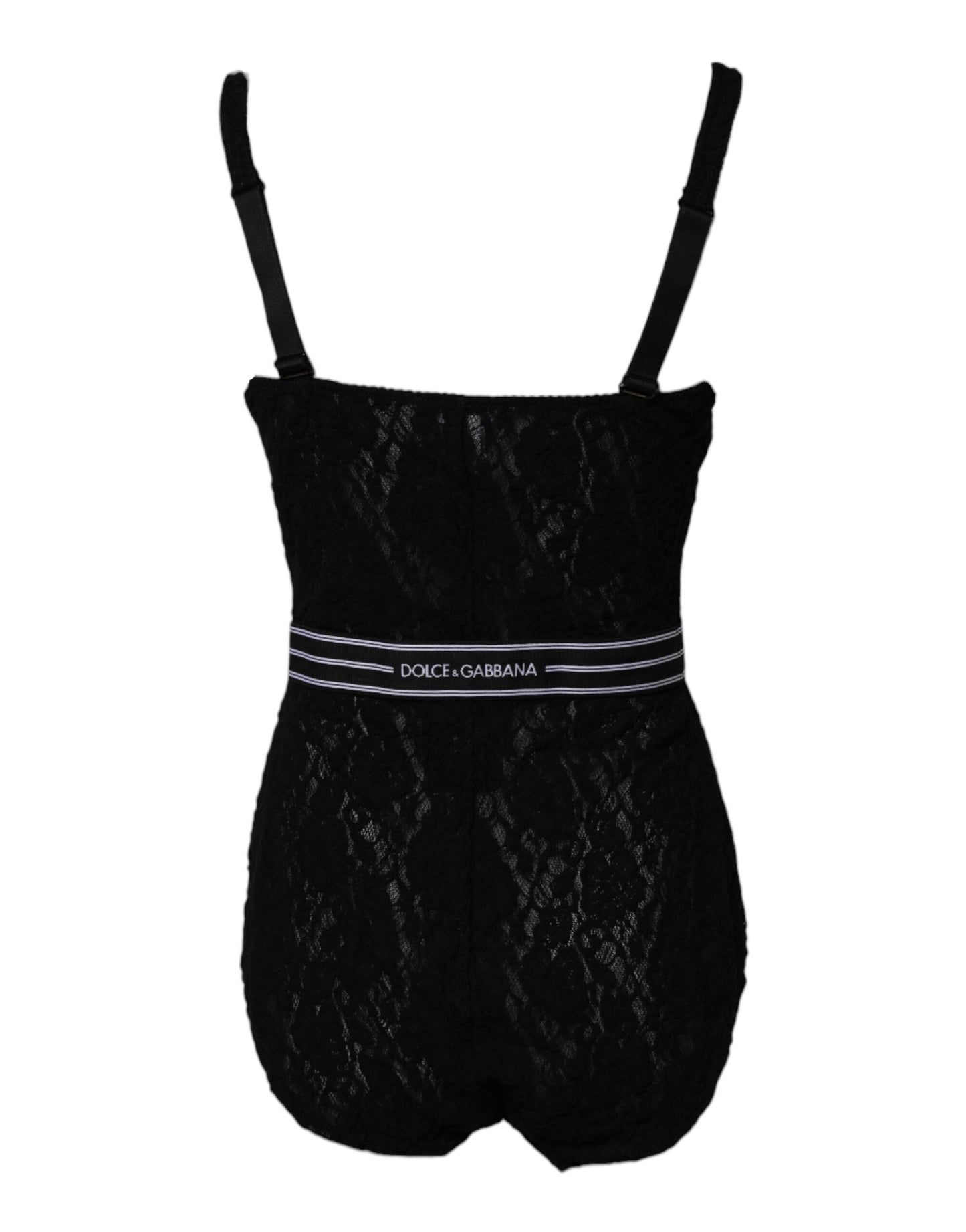 Dolce & Gabbana Schwarzer Spitzen-Bodysuit mit Gummizug und Markenzeichen Unterwäsche