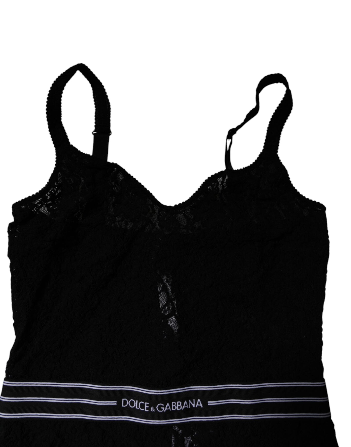 Dolce & Gabbana Schwarzer Spitzen-Bodysuit mit Gummizug und Markenzeichen Unterwäsche