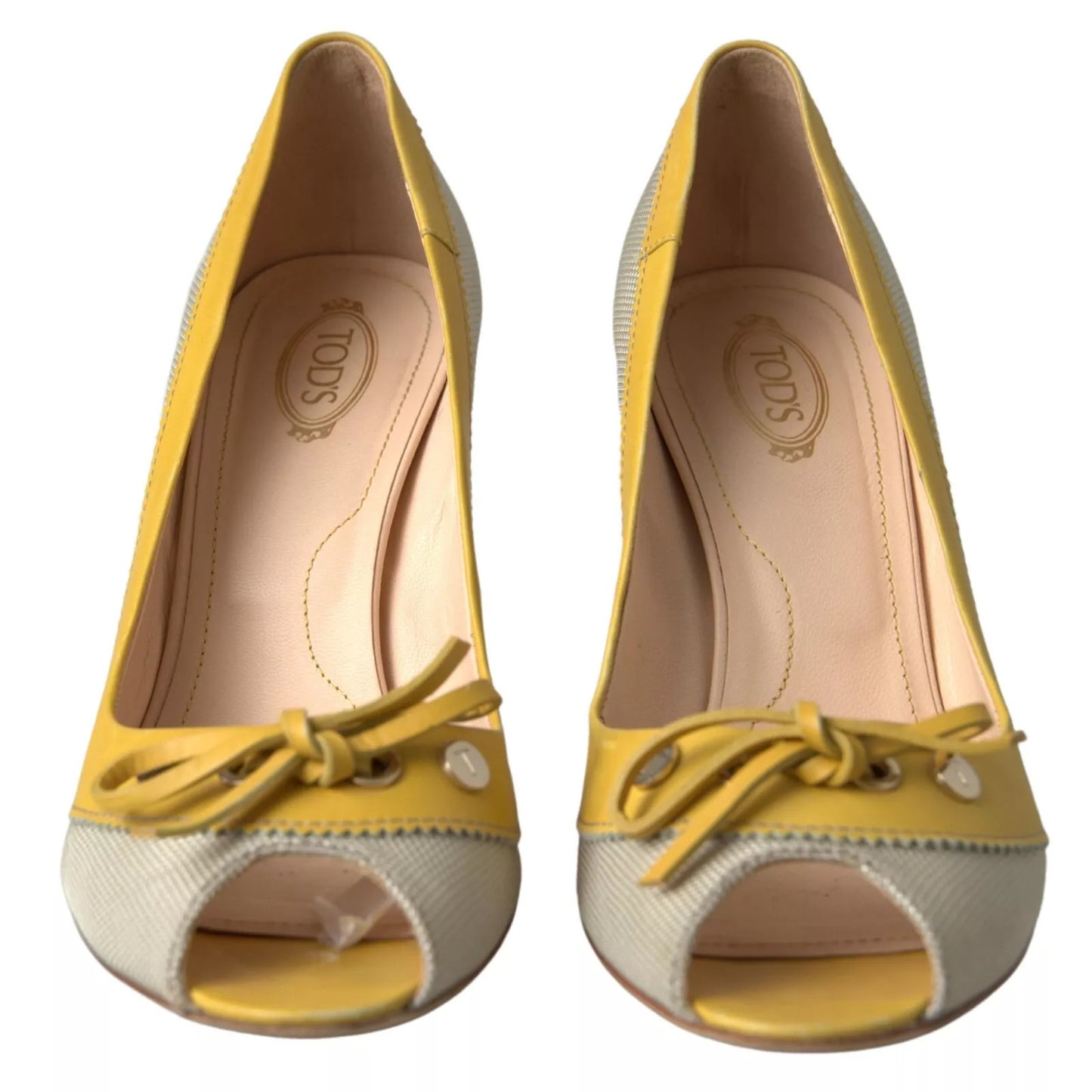 Tod's Gelb Off Weiß Peep Toe Heels Pumps Schuhe