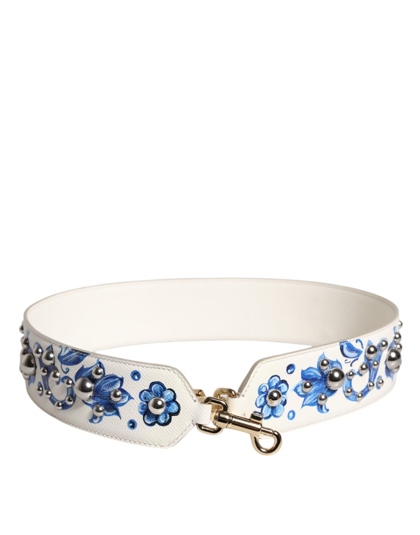 Dolce & Gabbana Weißer blauer geblümter Leder-Nieten-Schulterriemen
