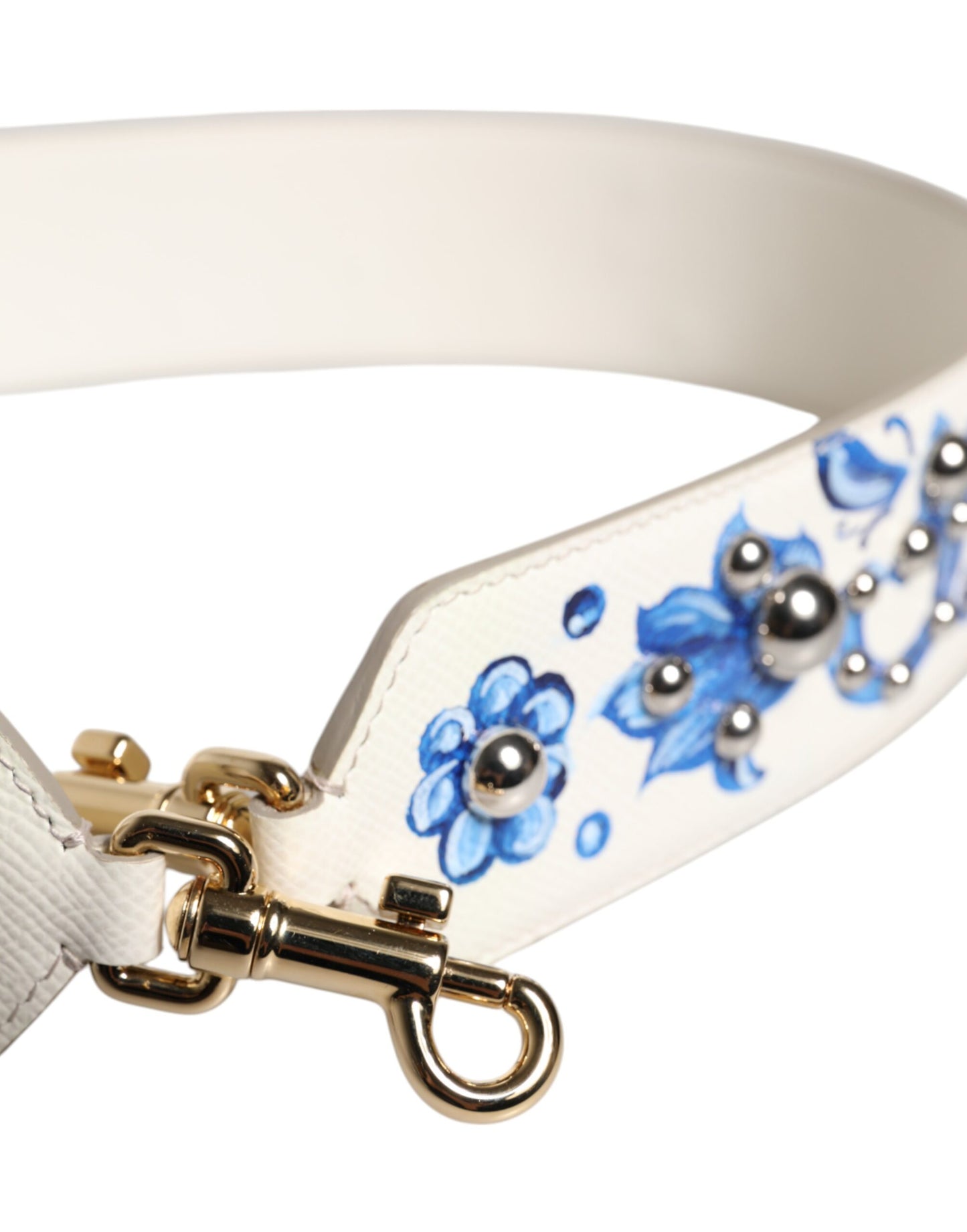 Dolce & Gabbana Weißer blauer geblümter Leder-Nieten-Schulterriemen