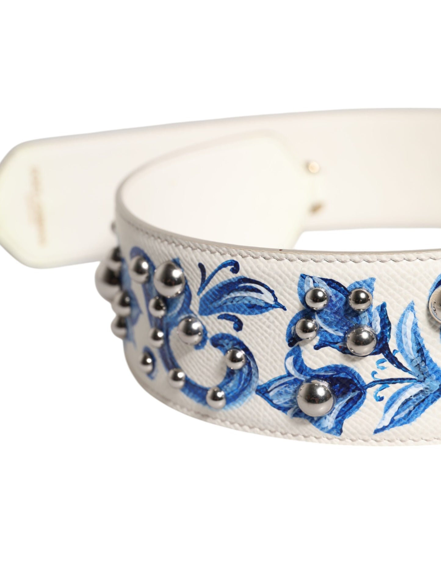 Dolce & Gabbana Weißer blauer geblümter Leder-Nieten-Schulterriemen