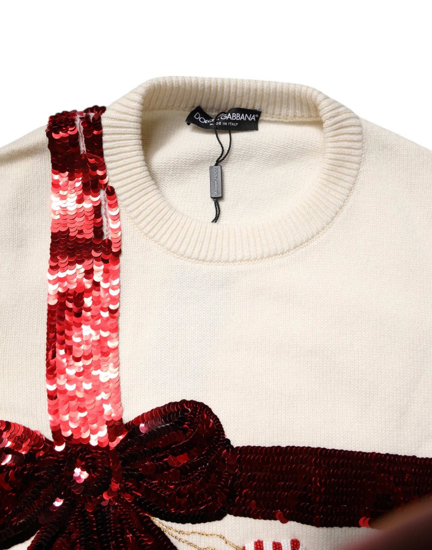 Dolce & Gabbana Weißer paillettenbesetzter Pullover mit Rundhalsausschnitt