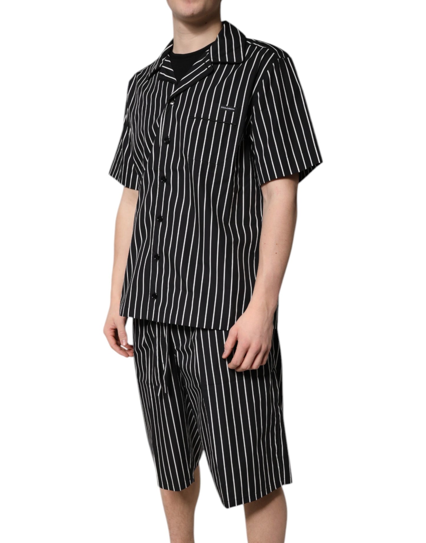 Dolce & Gabbana Schwarz Weiß Streifen Baumwolle Männer Pyjama Set Nachtwäsche