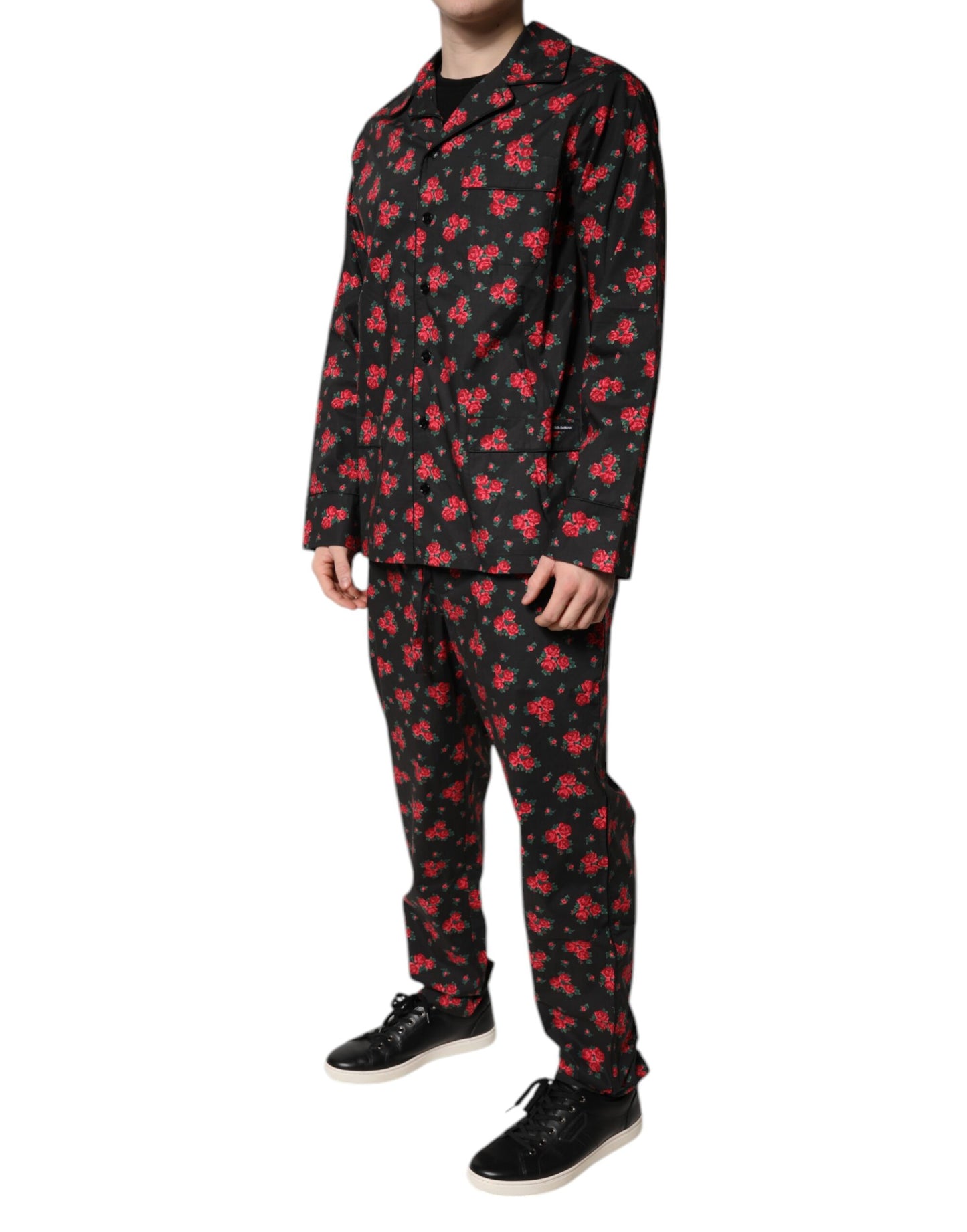 Dolce & Gabbana Schwarzer Blumendruck Baumwolle Männer Pyjama Set Schlafanzug