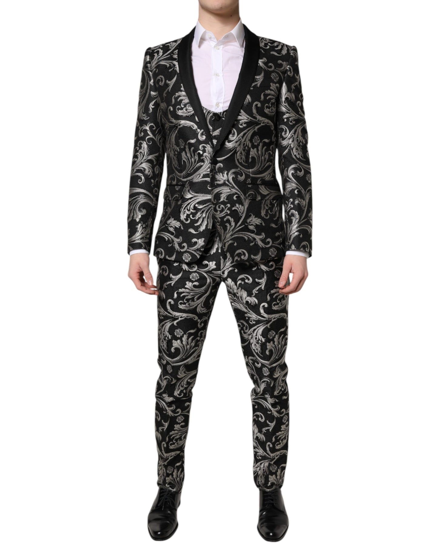 Dolce & Gabbana Schwarz Grau MARTINI Jacquard Herren 3 Stück Anzug