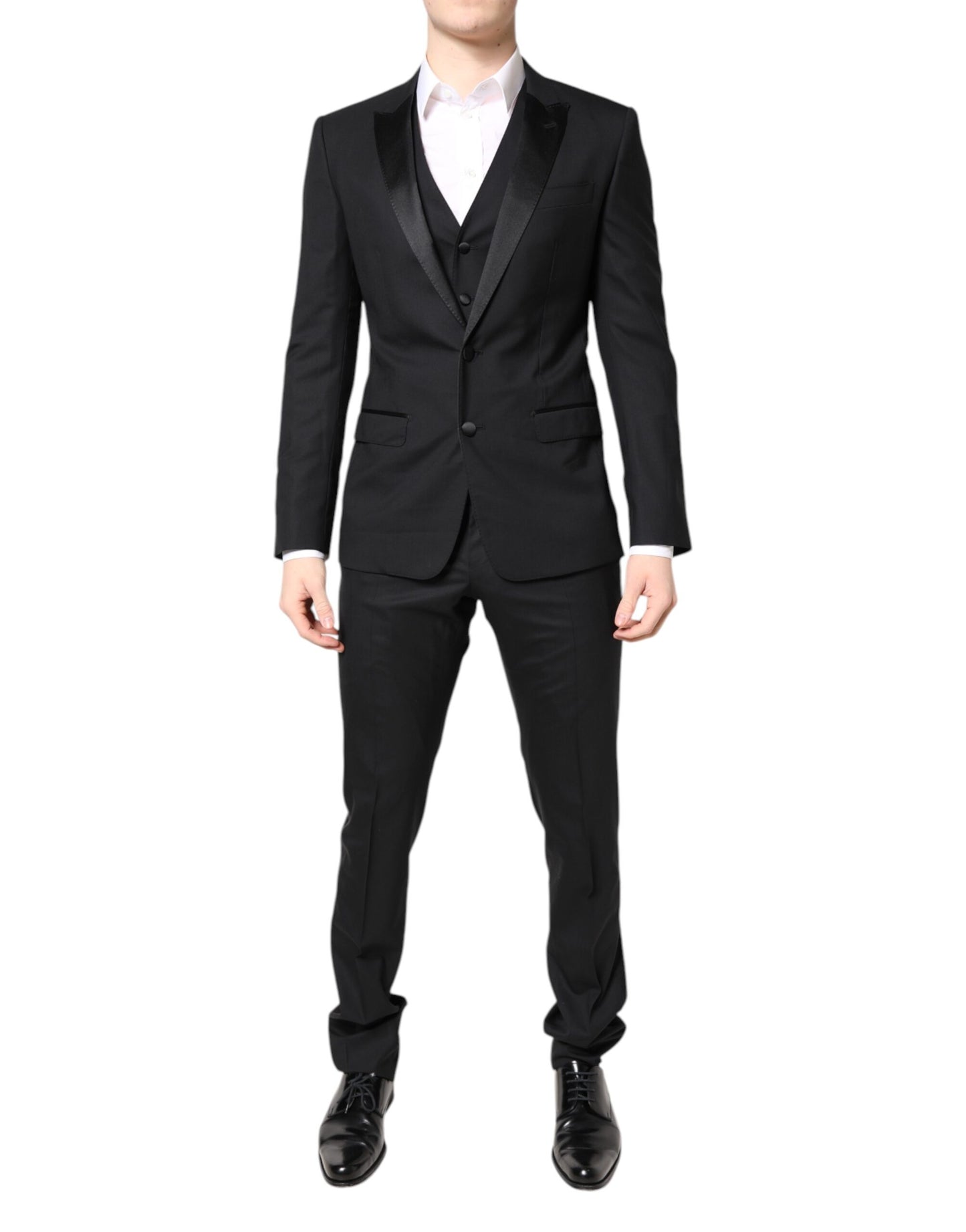 Dolce & Gabbana Schwarzer einreihiger 3-teiliger Anzug aus Wolle