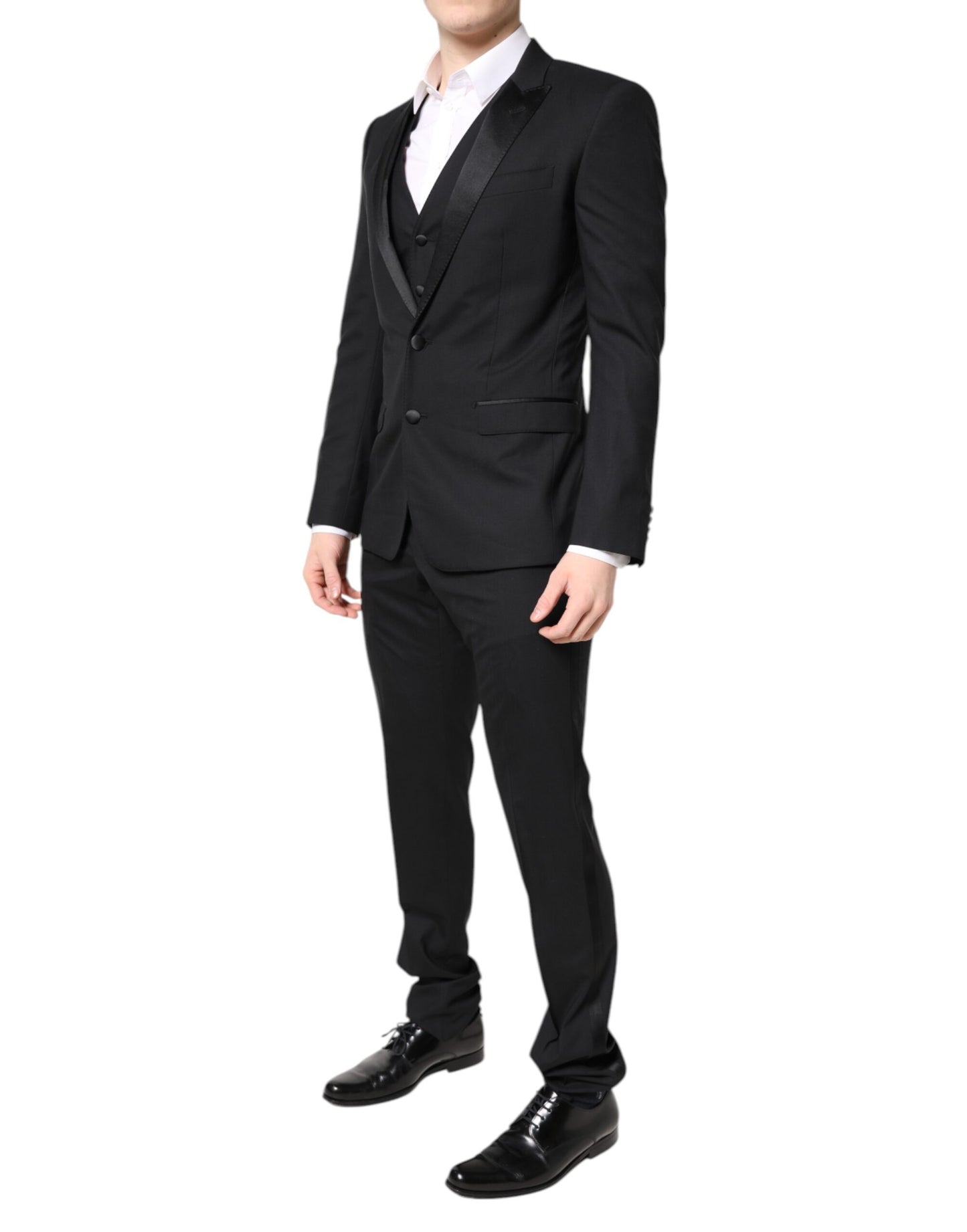 Dolce & Gabbana Schwarzer einreihiger 3-teiliger Anzug aus Wolle