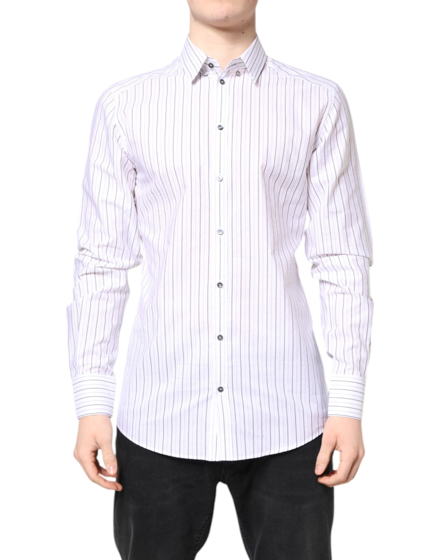 Dolce & Gabbana Weiß gestreiftes Baumwollhemd GOLD Formal Dress Shirt