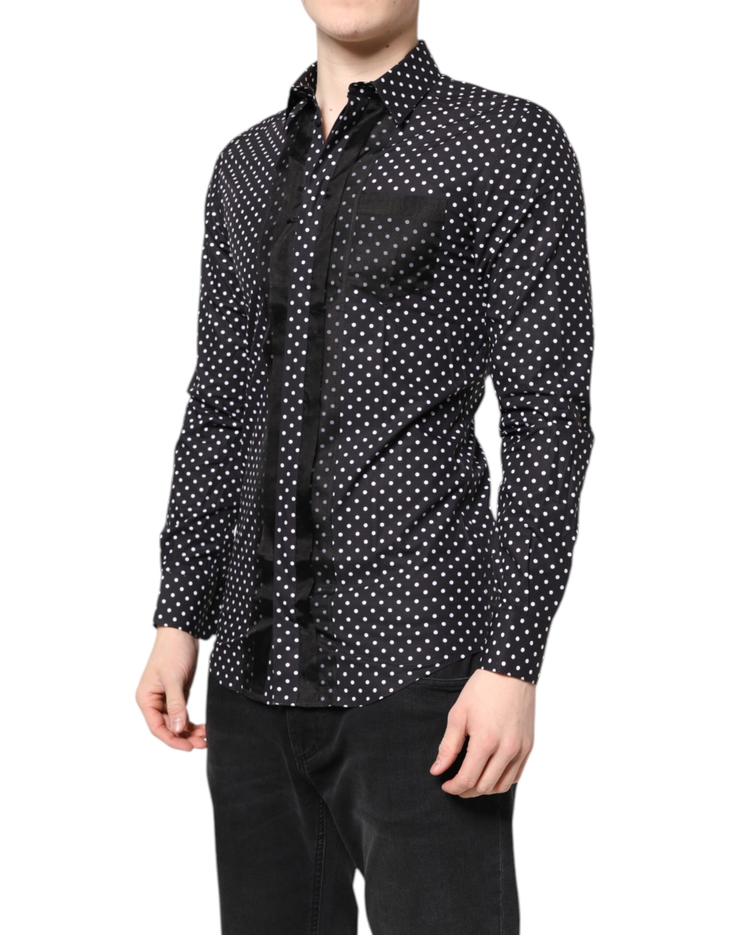 Dolce & Gabbana Schwarzes gepunktetes Hemd mit langen Ärmeln, goldfarben, formell