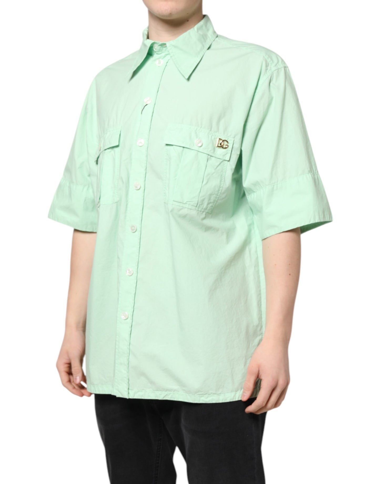 Dolce & Gabbana Grün Baumwolle Kurzarm Männer Casual Shirt
