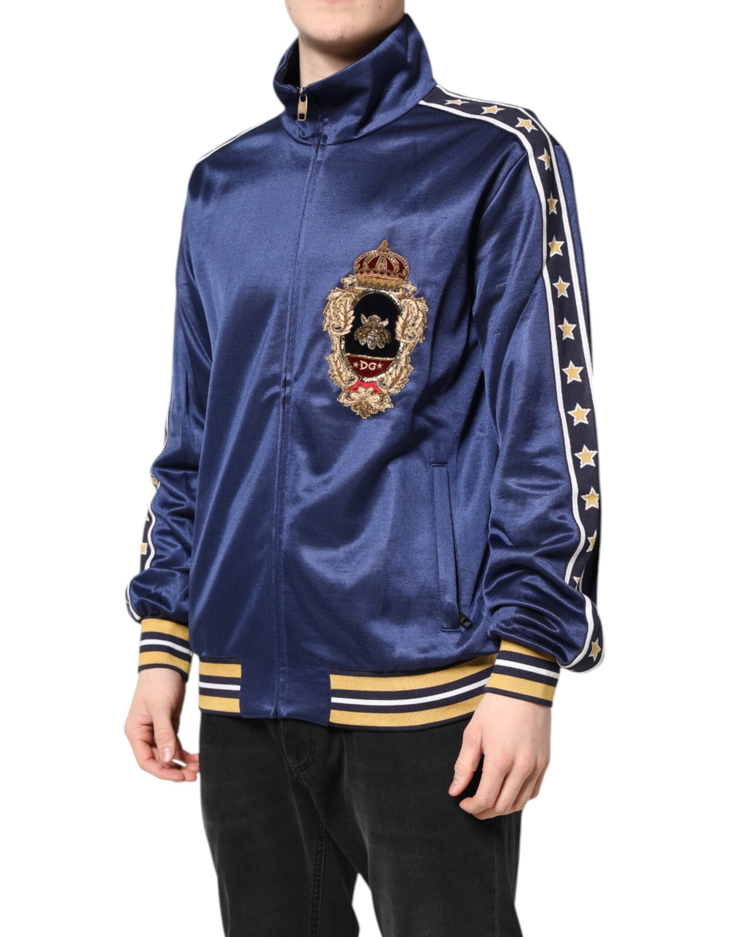 Dolce & Gabbana Blauer Nylon Logo Patch Herren Bomber Pullover
