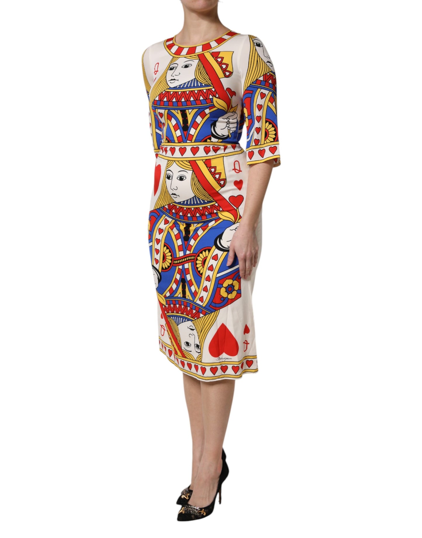 Dolce & Gabbana Weißes Queen Of Heart Midikleid mit kurzen Ärmeln