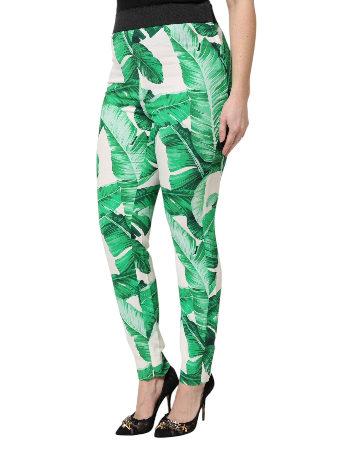 Dolce & Gabbana Weiß Grün Blatt Hohe Taille Hose