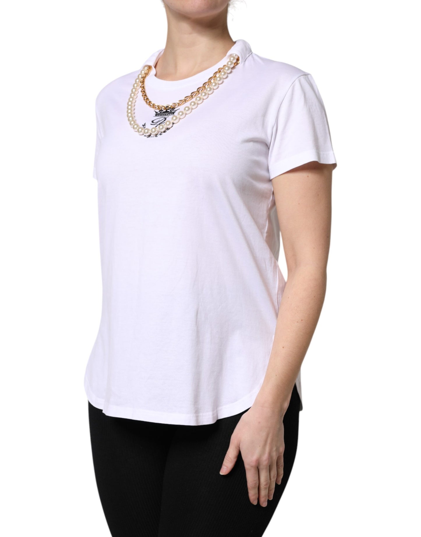 Dolce & Gabbana Weißes Ketten-Perlen-Baumwoll-T-Shirt mit Rundhalsausschnitt