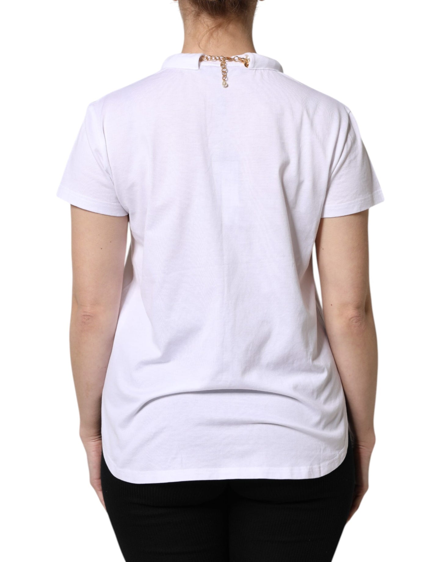 Dolce & Gabbana Weißes Ketten-Perlen-Baumwoll-T-Shirt mit Rundhalsausschnitt