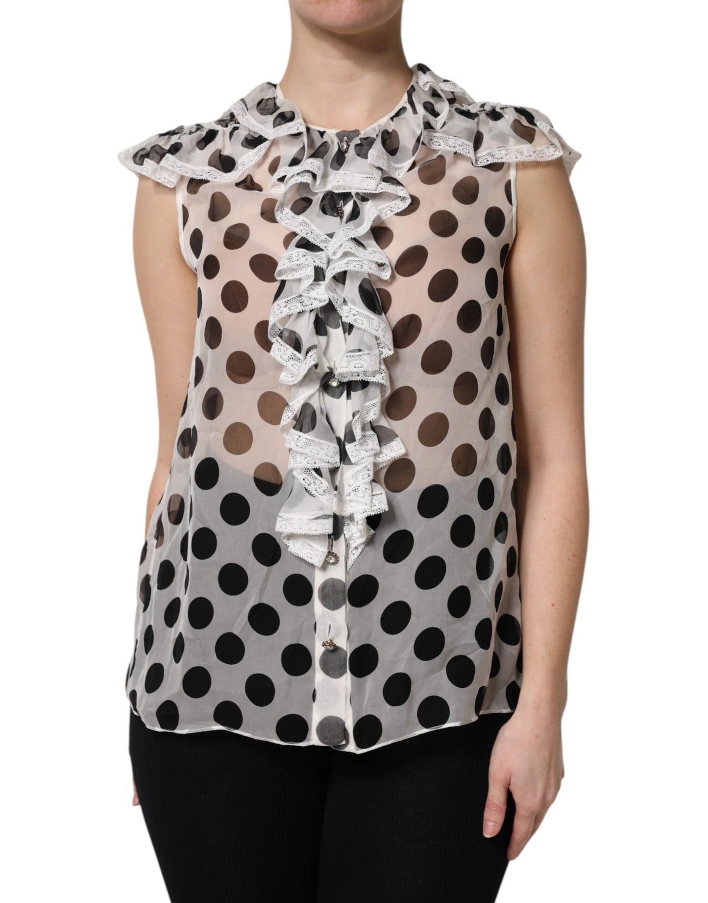 Dolce & Gabbana Weiß-schwarz gepunktetes ärmelloses Baumwoll-Top