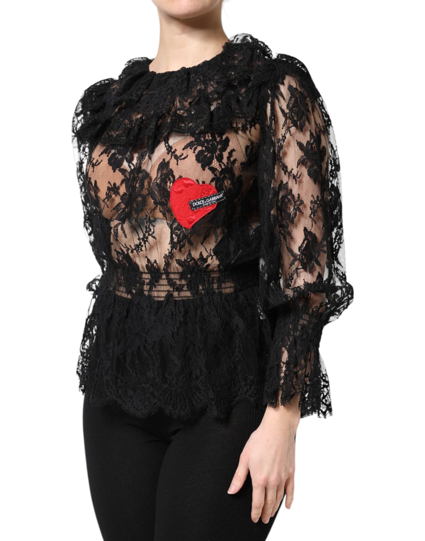 Dolce & Gabbana Schwarzes Blusentop aus Baumwolle mit floraler Spitze für Frauen