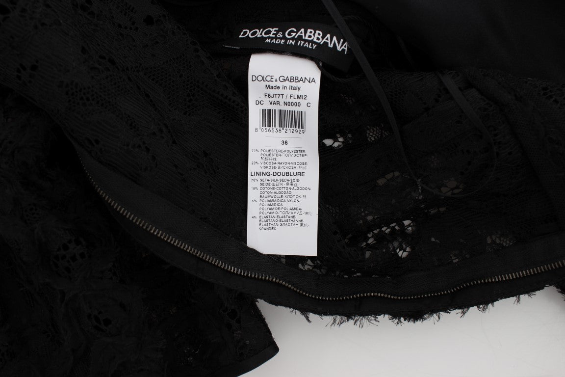 Dolce & Gabbana Schwarzes geblümtes langes Bodycon-Maxi-Kleid aus Spitze