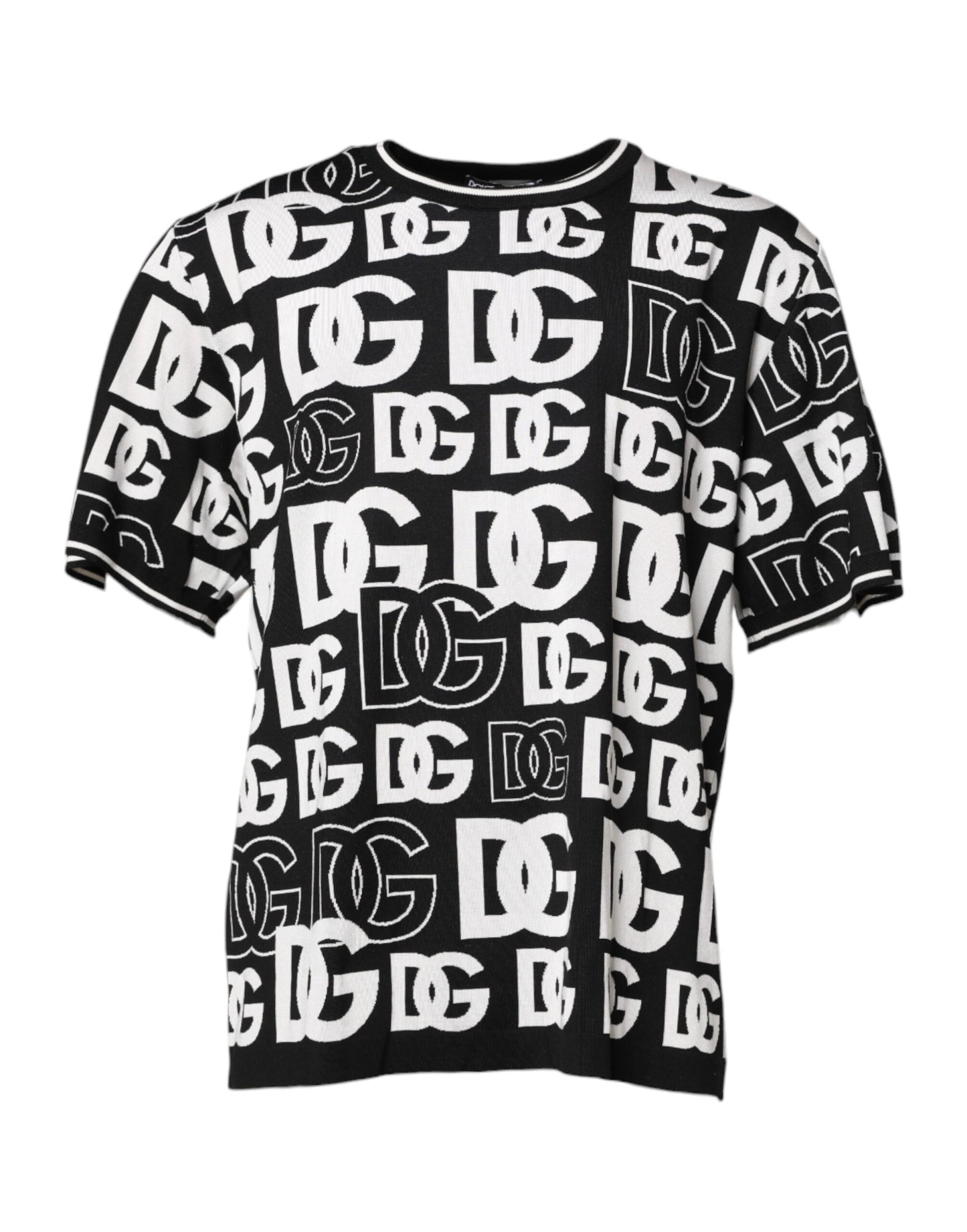 Dolce & Gabbana Schwarz-weißes Seidenstrick-T-Shirt mit DG-Aufdruck