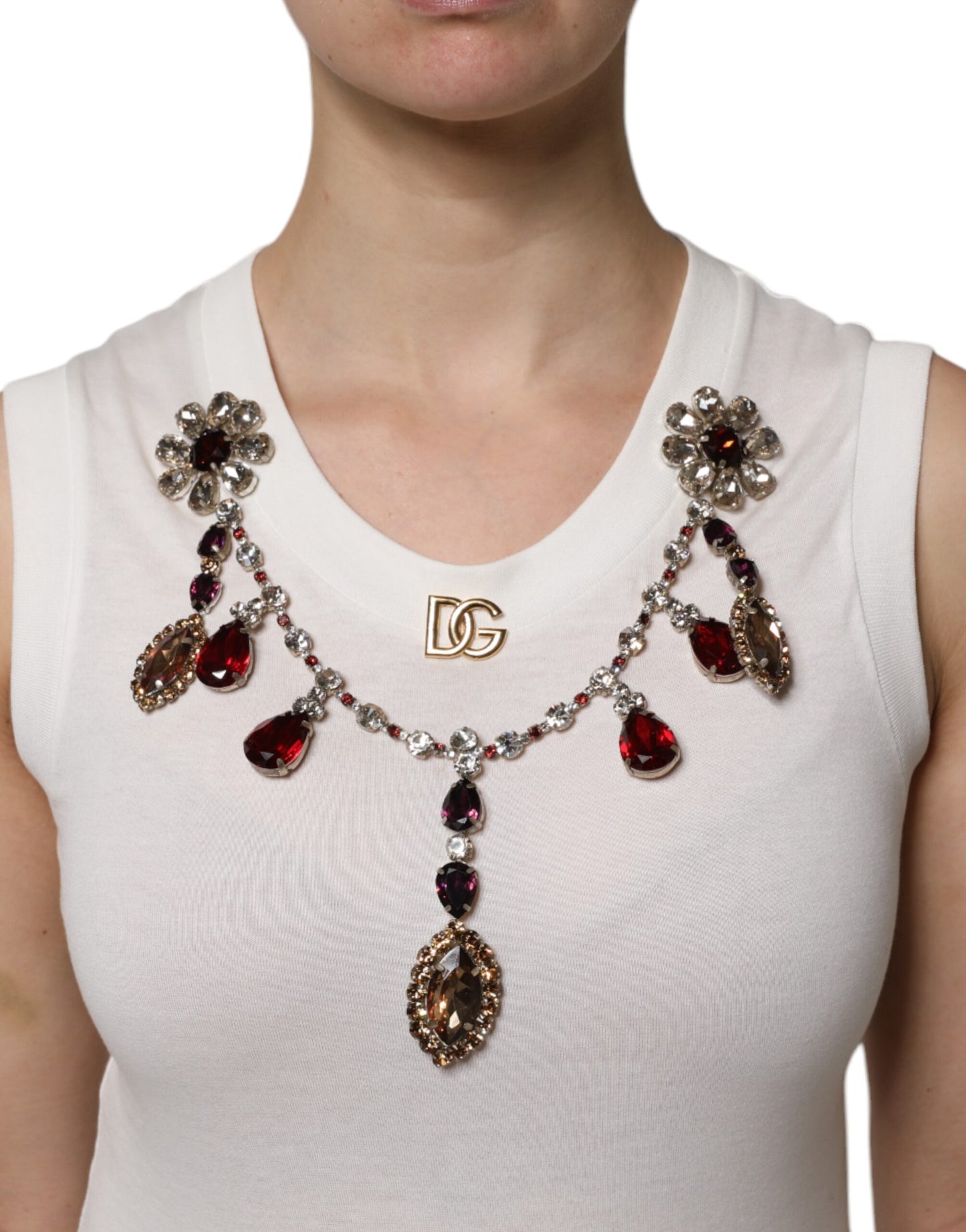 Dolce & Gabbana Weißes Baumwoll-Top mit Logo-Kristallverzierung