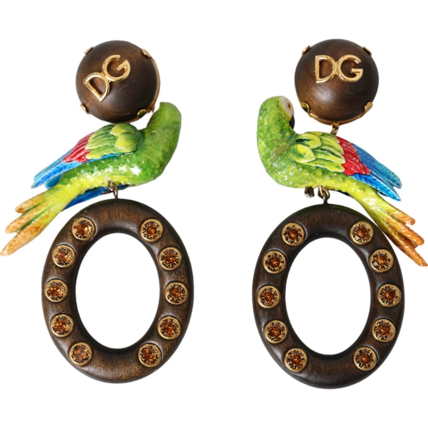 Dolce & Gabbana Multicolor Papagei Holz Messing Kristall verschönert Ohrringe