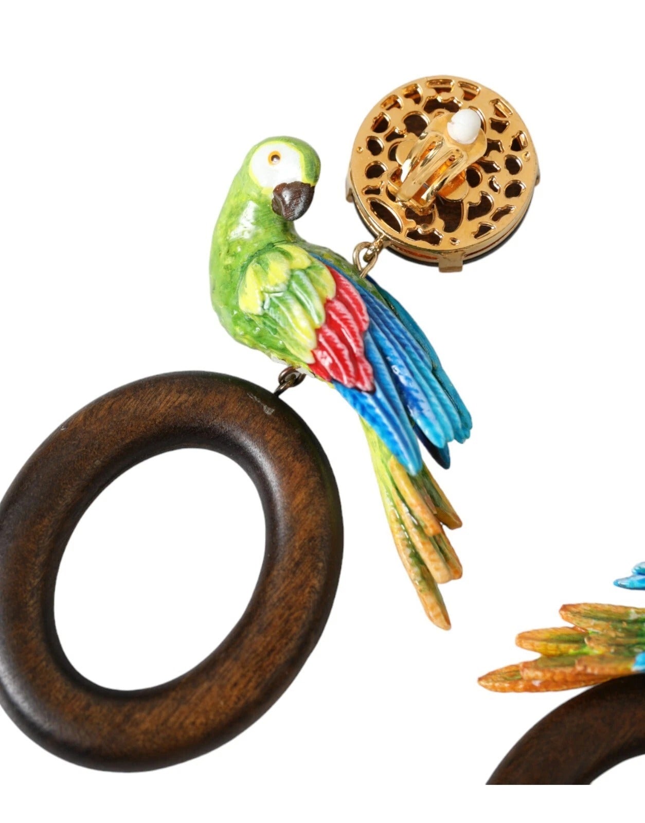 Dolce & Gabbana Multicolor Papagei Holz Messing Kristall verschönert Ohrringe