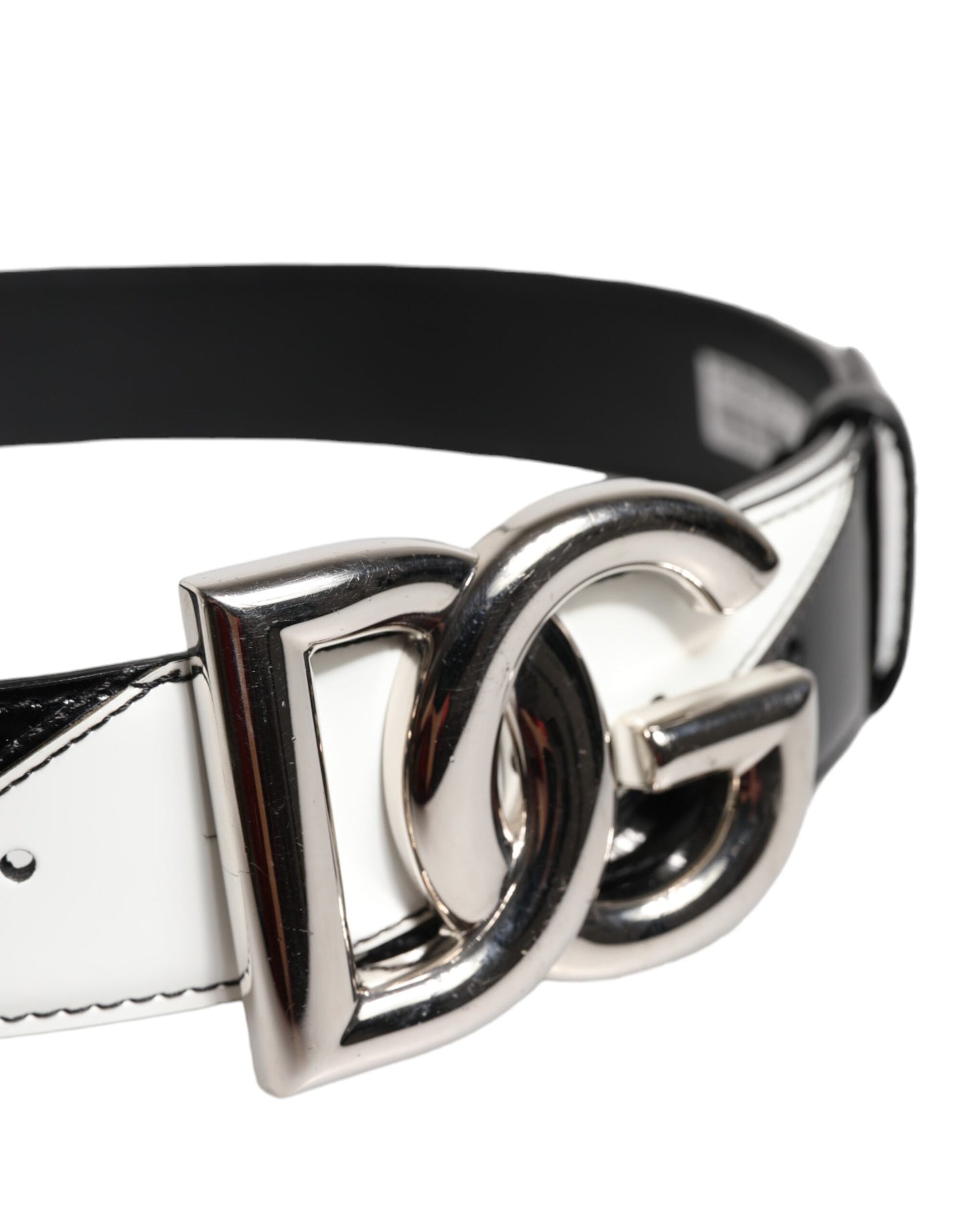 Dolce & Gabbana Schwarzes weißes Leder DG Metallschnalle Gürtel