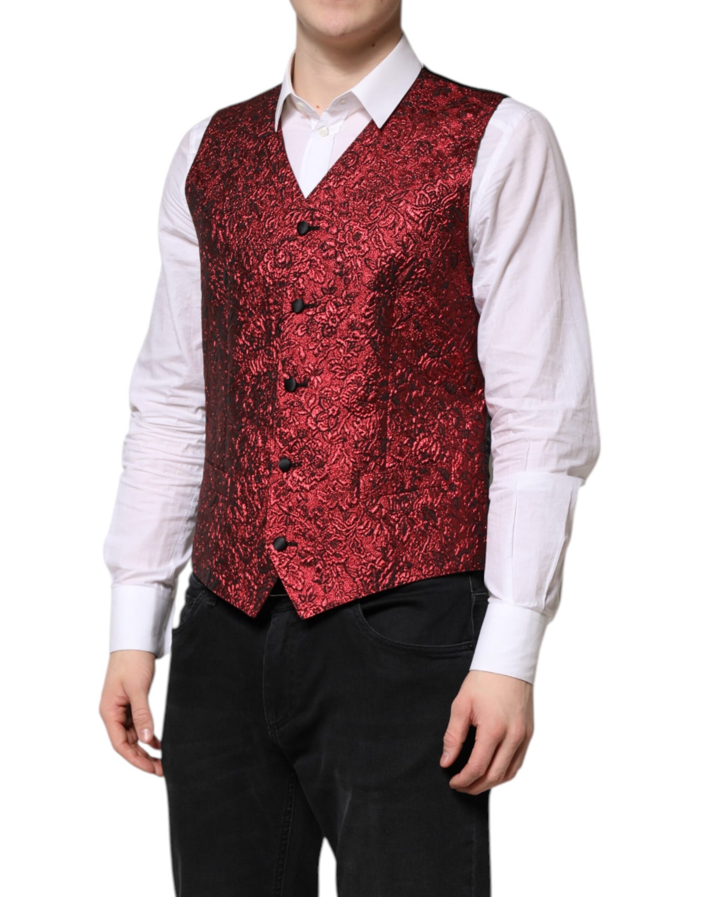Dolce & Gabbana Rote Blumen Brokat Formal Männer Weste Weste