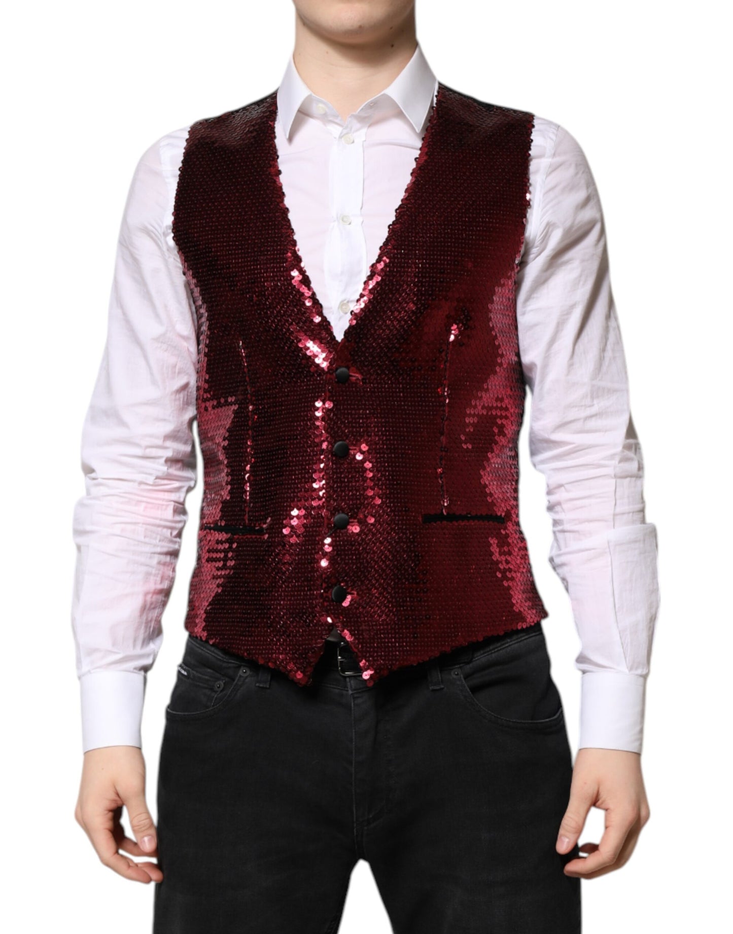 Dolce & Gabbana Rotes Paillettenkleid Formelle Männer Weste Weste