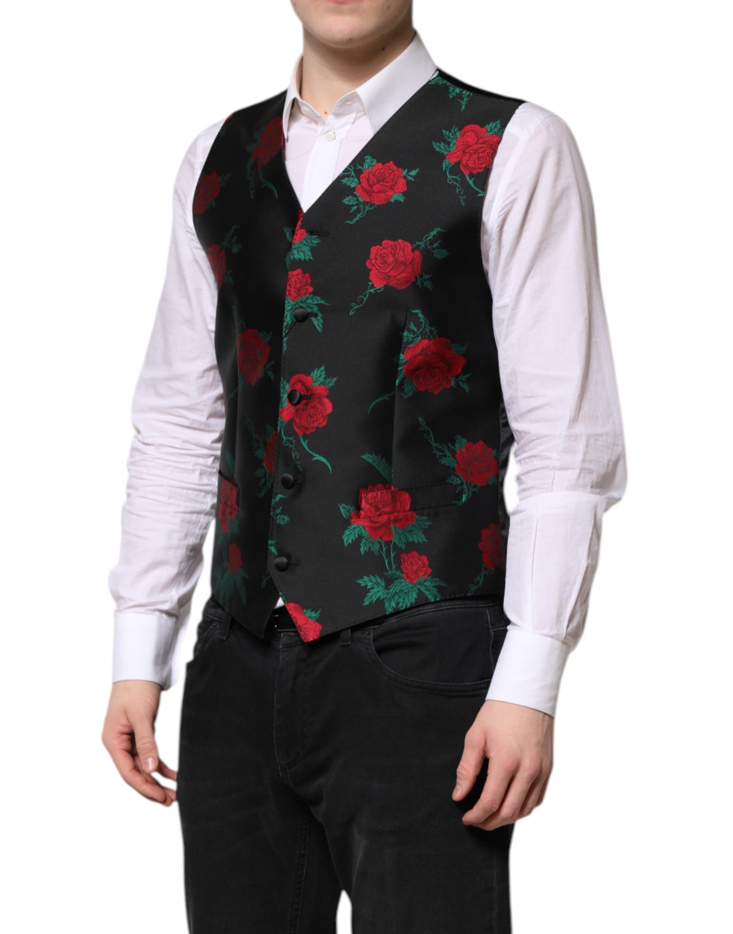 Dolce & Gabbana Rote Blumen Brokat Formal Männer Weste Weste