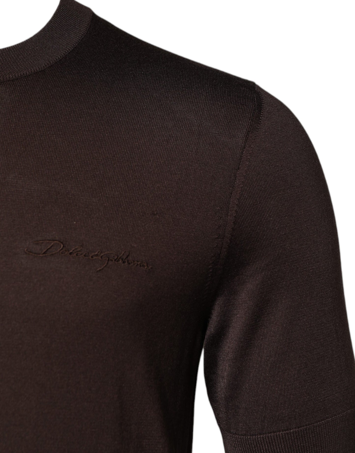 Dolce & Gabbana Braunes Seiden-T-Shirt mit Logo-Stickerei und Rundhalsausschnitt
