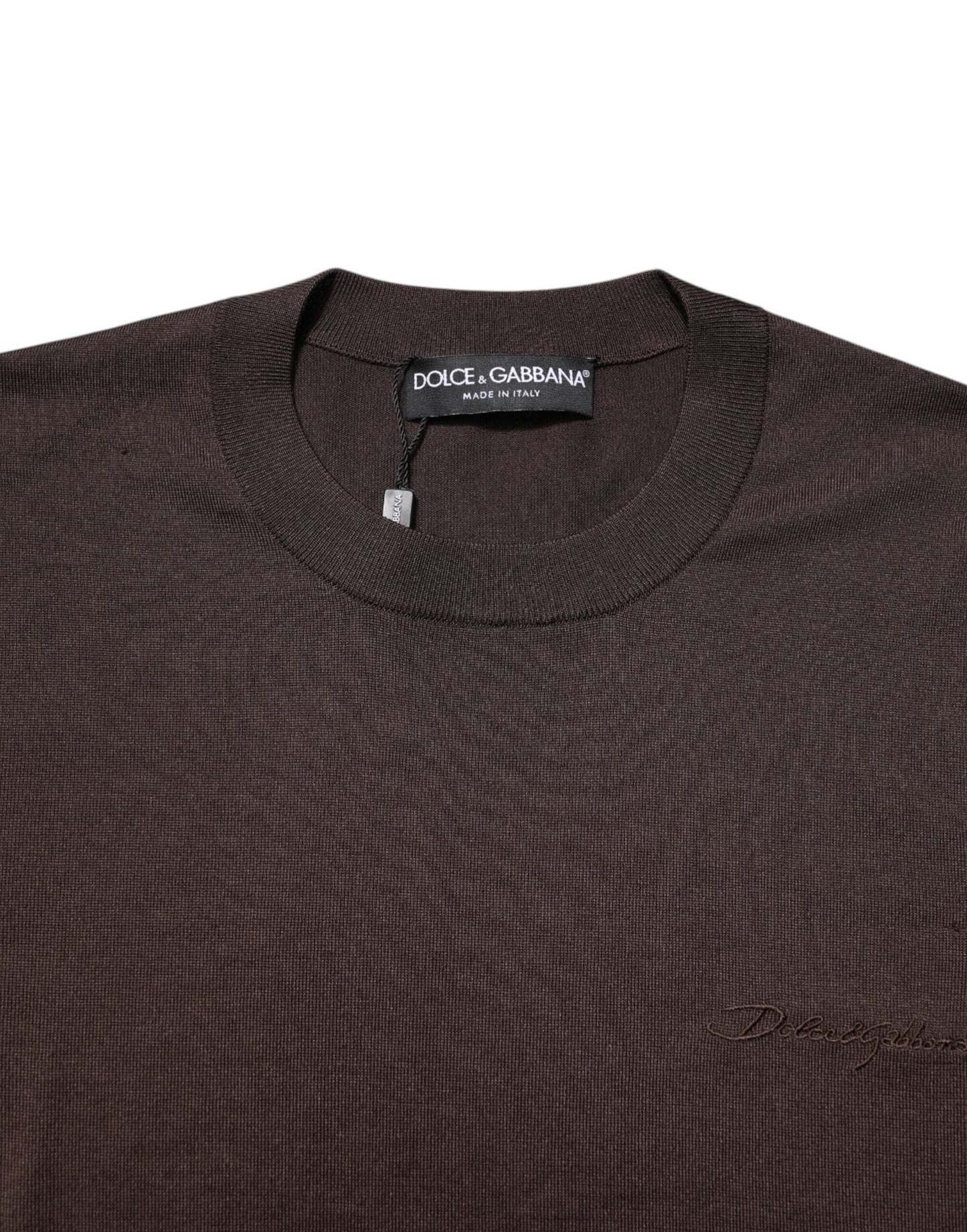 Dolce & Gabbana Braunes Seiden-T-Shirt mit Logo-Stickerei und Rundhalsausschnitt
