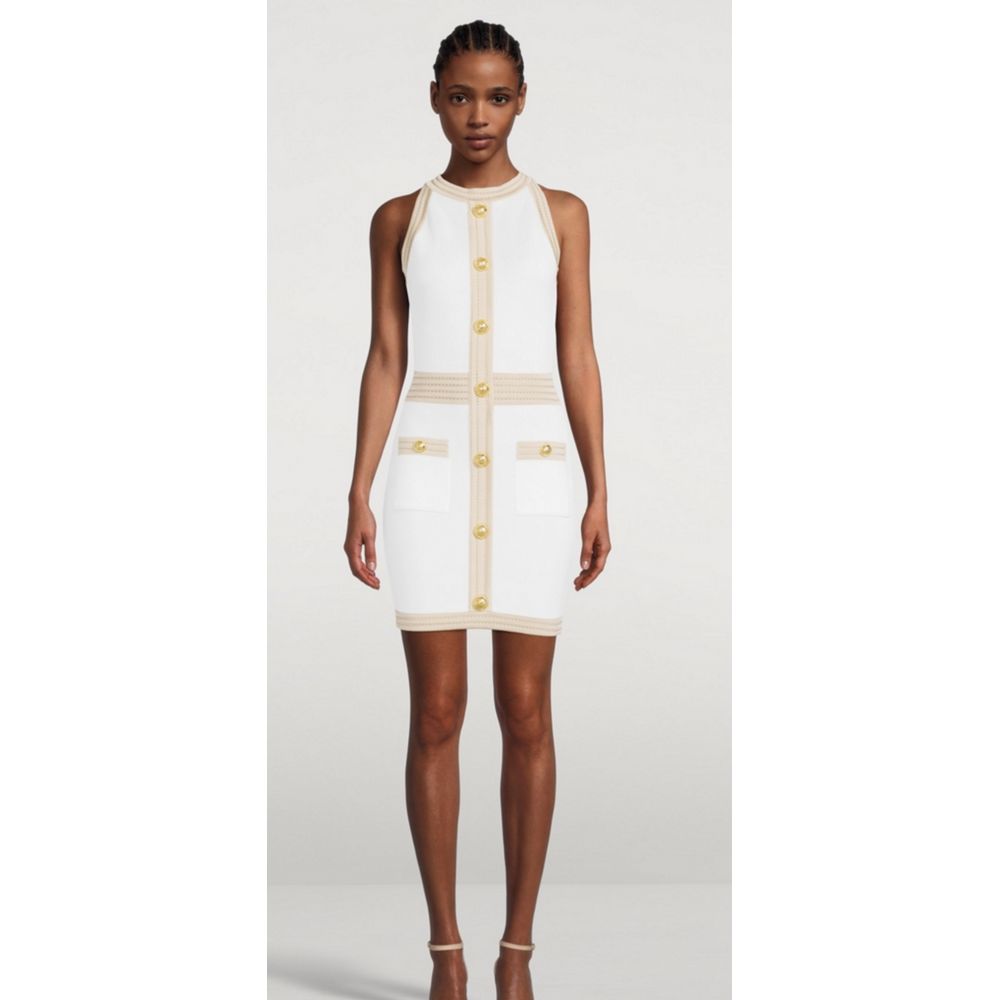 Balmain Weißes Viskose-Damenkleid mit goldenen Kunstknöpfen