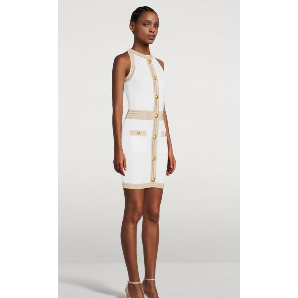 Balmain Weißes Viskose-Damenkleid mit goldenen Kunstknöpfen