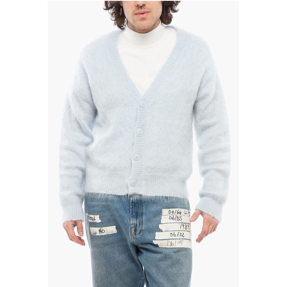 1989 Studio Unifarbene, flauschige Strickjacke mit V-Ausschnitt und gesticktem Logo
