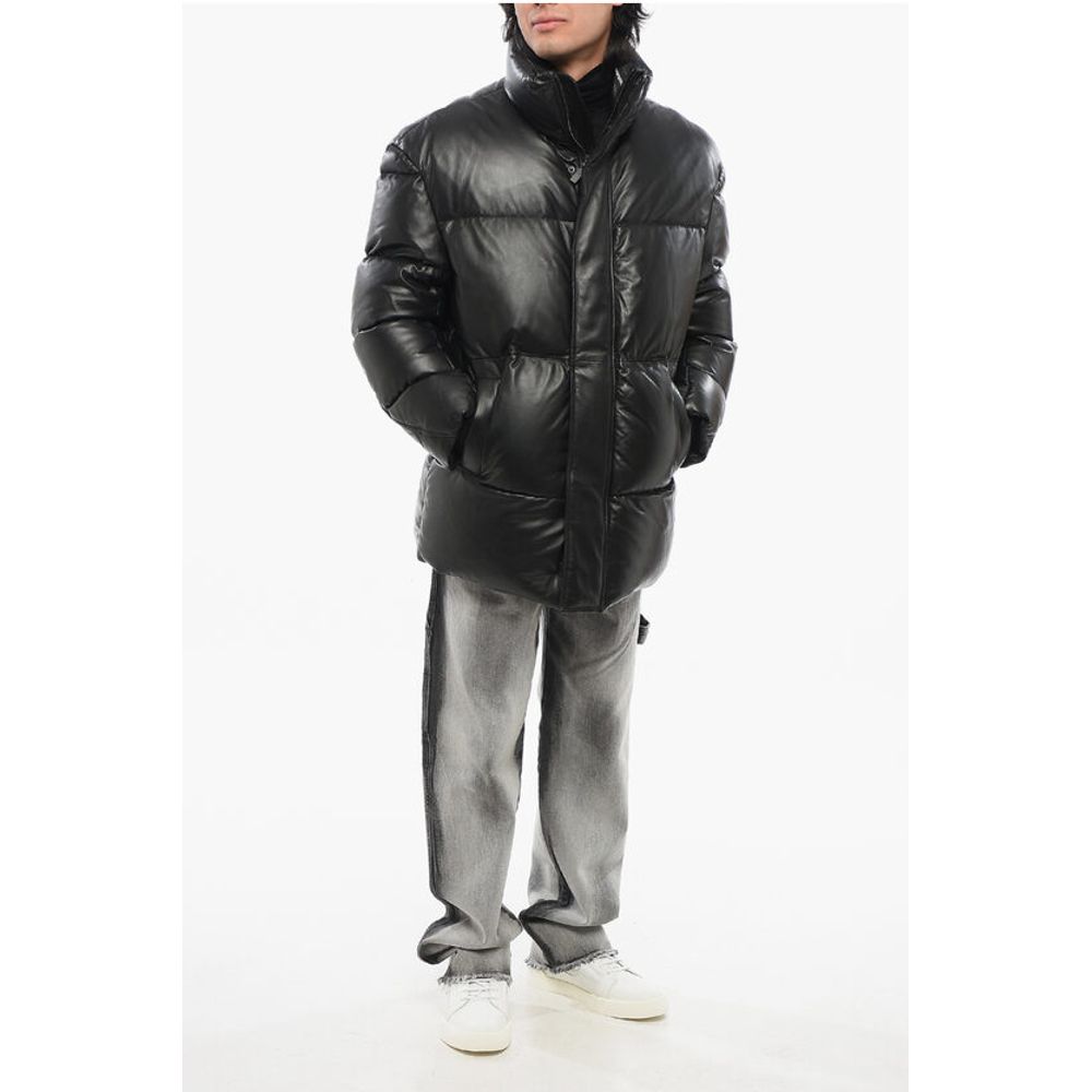 Armani EMPORIO Leder-Daunenjacke mit verstecktem Verschluss