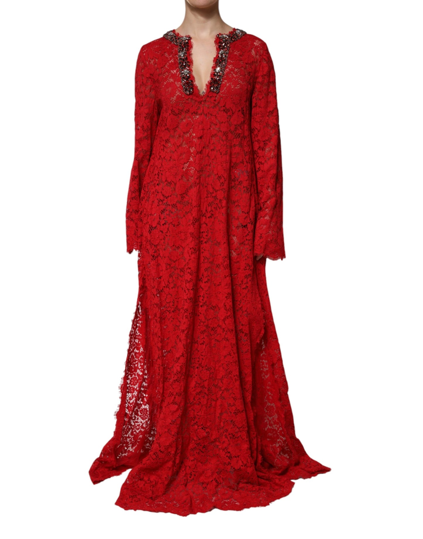 Dolce & Gabbana Rotes Kleid mit floraler Spitze und Strassverzierung