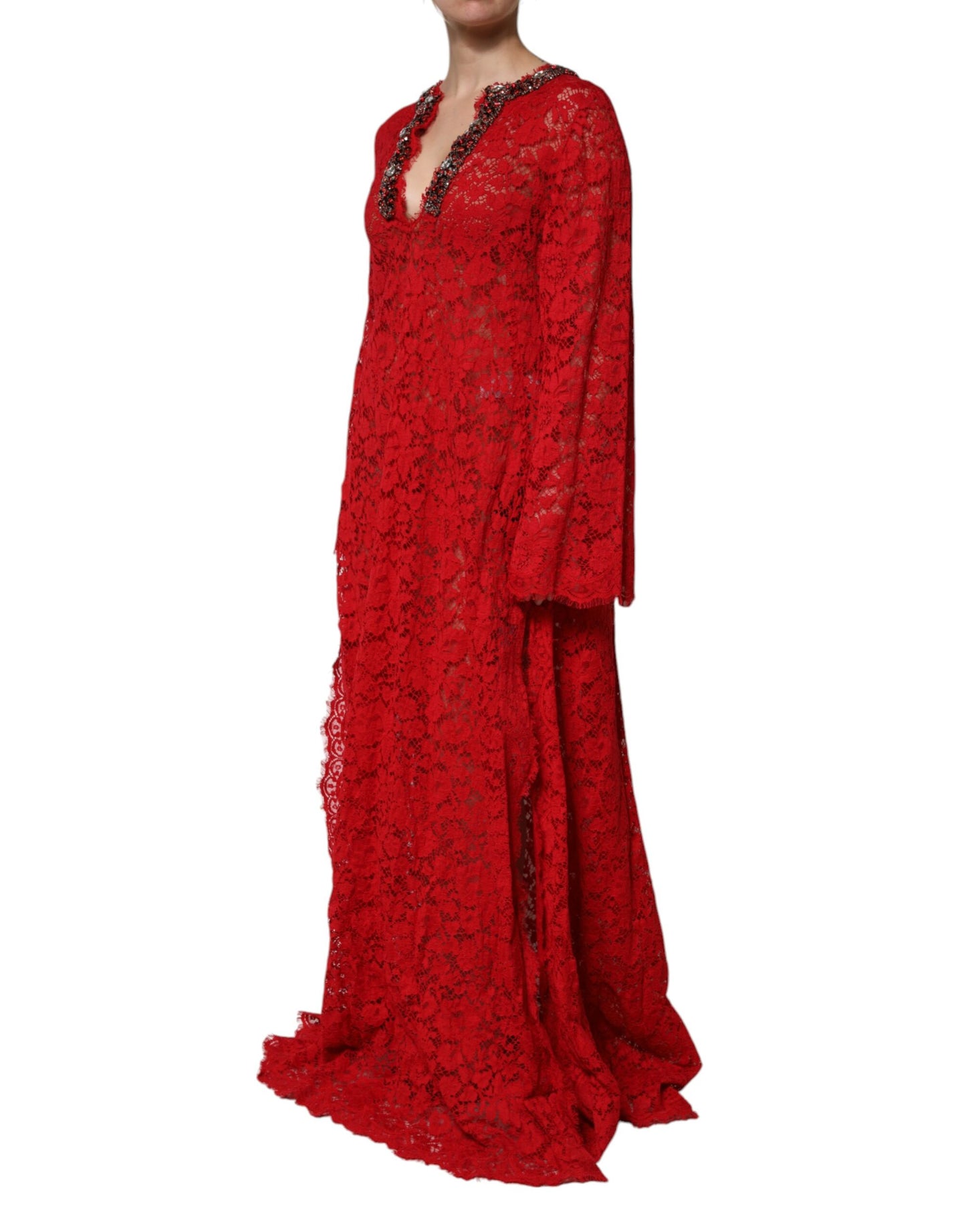 Dolce & Gabbana Rotes Kleid mit floraler Spitze und Strassverzierung